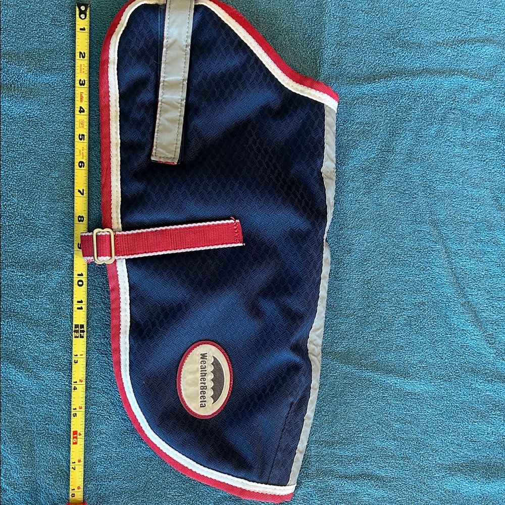 Like New WeatherBeeta Dog Coat Navy Blue Dog Coat with Red Trim 16” - Picture 2 of 9